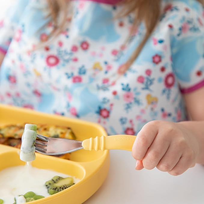 Bumkins Toddler Utensils, Kids Size Fork and Spoon Set, Silicone and Stainless-Steel Training Silverware, Angled Fork / Spork for Self-Feeding, Children Learning to Eat, 18 Mos Up, Pineapple Yellow-CubbioJoy