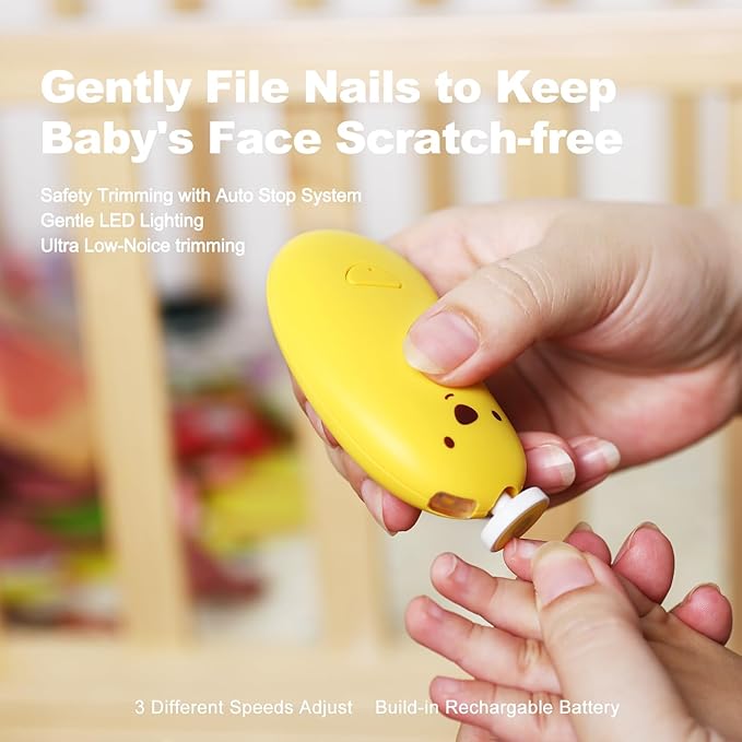 Baby Nail File Electric, Gentle Rechargeable Nail Trimmer, Baby Nail Clippers Grooming Kit Manicure Set for Infant Toddler or Adults, 6 Grinding Head Replacement Pads Yellow-CubbioJoy