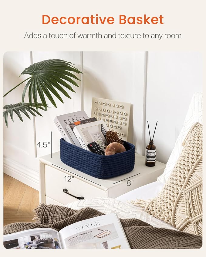 KALLAX Small Woven Basket, 12 x 8 x 4.5 Inches, Storage Basket for Organizing, Cute Small Rope Shelf Closet Cube Storage Bins Baskets for Shelves, Dog Toy Gift Baskets Empty, 3 Packs, Navy Blue-CubbioJoy