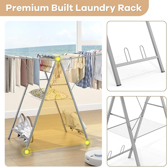 APEXCHASER Drying Rack Clothing, Clothes Drying Rack Foldable, Metal Laundry Drying Rack Collapsible for Sweater Towel Indoor & Outdoor, Height Adjustable Gullwing Clothes Airer, Grey-CubbioJoy