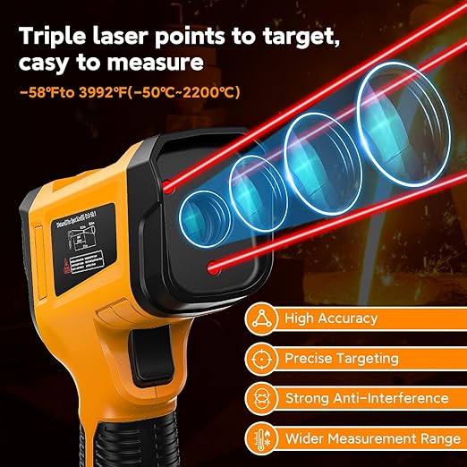 Industrial Infrared Thermometer Gun, 50:1 D:S Ratio, -58°F-3992°F, Triple Laser, High Precision Temp Gun for Kiln, Engine, HVAC, BBQ, Industrial Inspection-CubbioJoy