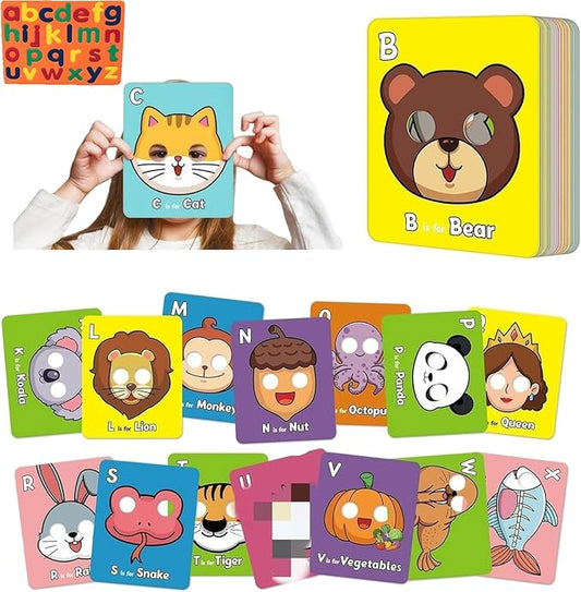 26 PCS Alphabet ABC Flash Cards with Animal Masks, Alphabet mask Cards, Giant Letter ABC Animal Faces Flash Learning Flashcards, Interactive Education Games, Learn Letters (Multicolor, 3Pcs)-CubbioJoy
