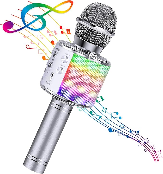 BlueFire 4 in 1 Karaoke Wireless Microphone with LED Lights, Portable Microphone for Kids, Great Gifts Toys for Kids, Girls, Boys and Adults (Silver)-CubbioJoy