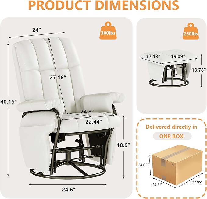 JIASTING 360° Swivel Leather Recliner Chair with Ottoman & Double Side Pockets, Nursing Glider Rocking Recliner Chair, Gliding Chairs for Nursery, Living Room, Office, Bedroom, Metal Frame (White)-CubbioJoy