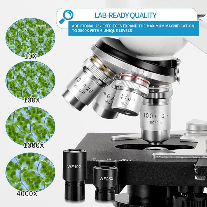 Binocular Compound Microscope, 40X-5000X Magnification, Wide-Angle Eyepiece WF10X WF25X, LED Light Source, XY axis Double-Layer Stage, Adult Microscope (Supports WiFi Wireless Connection)-CubbioJoy