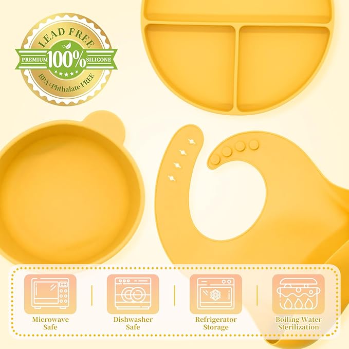 Silicone Baby Feeding Set 6 Pcs, Baby Led Weaning Supplies, Baby Feeding Supplies Set BPA Free, Baby Essentials for Newborn Gift Yellow-CubbioJoy