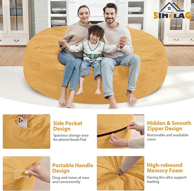 7FT Bean Bag Chair, Large Bean Bag Chairs with Memory Foam Filled, Fluffy Beanbag Sofa with Dutch Velvet Cover, Round BeanBag Chairs for Living Room, Playroom - Mustard-CubbioJoy