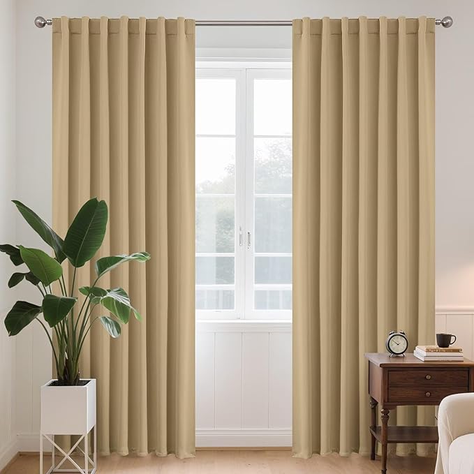 Joydeco White Blackout Curtains 96 Inches Long for Bedroom, Curtains 96 Inch Length 2 Panels Set, Room Darkening Curtains & Drapes for Living Room Window (W52 x L96 Inch, Beige)-CubbioJoy