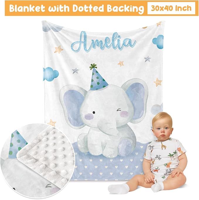 Custom Crib Bedding Set - Elephant Design Personalized Name Baby Nursery Bed 3 Pcs Set - Chic Soft Blanket with Dotted Backing, Sheet, Pillowcase for Newborn Girls Boys Gifts Color18-CubbioJoy