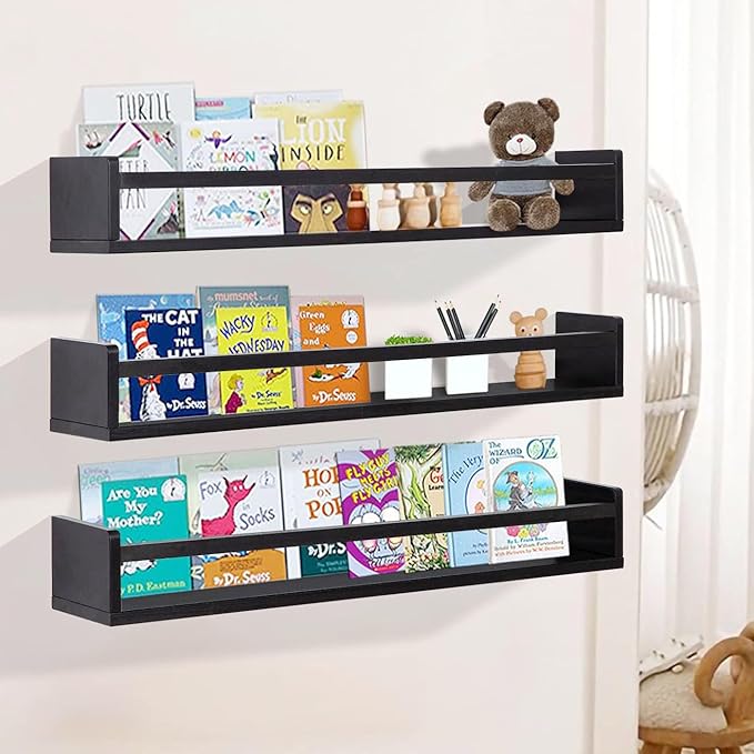AZSKY Black Nursery Bookshelves for Wall Hanging Kids Bookshelf Baby Book Shelf Organizer Wall Bookshelves Kids Shelves and Storage for Wall Playroom Shelves 36 Inch a Set of 3 Same Sizes-CubbioJoy