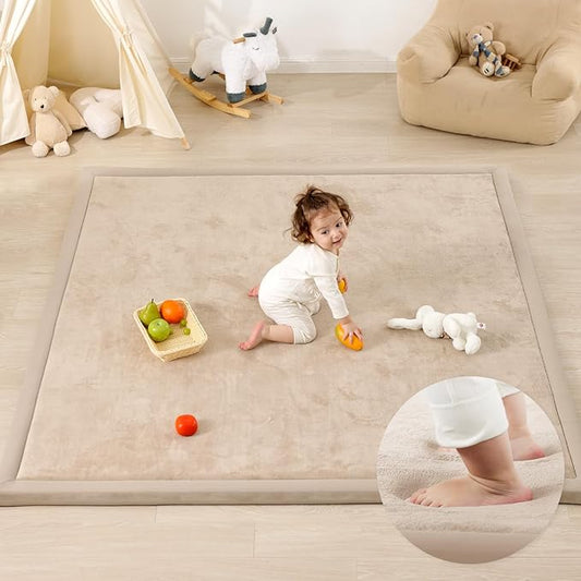 1.3" Thick Baby Play Mat for Floor Playpen, 50x50 Foam Tummy Time Mat, Padded Support Soft Plush Nursery Rug for Infant Kids Toddler Crawling Kick Activity (Beige)-CubbioJoy