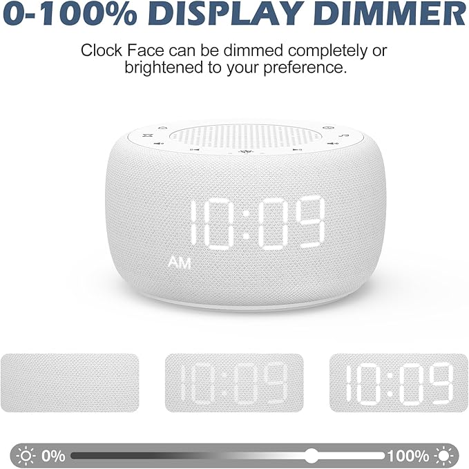 Buffbee Sound Machine & Alarm Clock 2-in-1, 0-100% Clock Face Brightness, Bottom Colored Light, Sleep Timer, Precise 30-Level Volume Control White Noise Machine - White-CubbioJoy