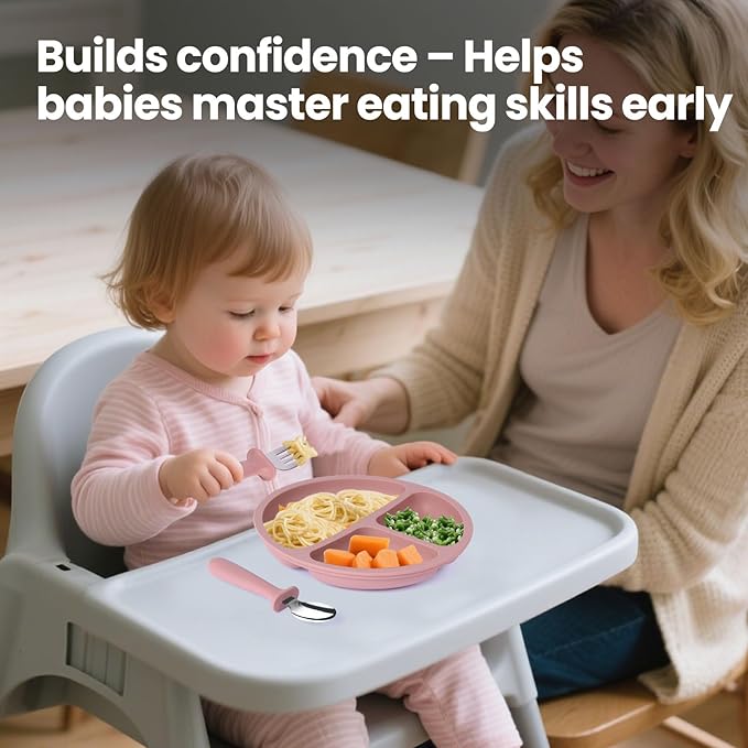 2 Pack Silicone Divided Baby Plates with Suction, 2 Pack Toddler Forks and Spoons Set, BPA Free, Baby Feeding Set for Toddler Utensils, Microwave and Dishwasher Safe-CubbioJoy