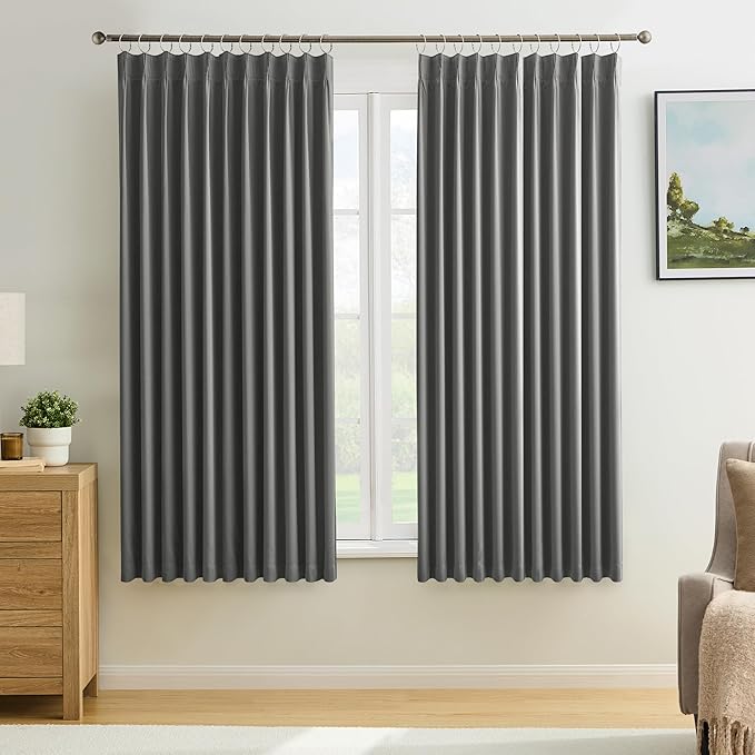 KEQIAOSUOCAI Grey Pinch Pleat Curtains & Drapes 63 Inches Long 2 Panels Set, Privacy Darkening Sound Dampening Window Treatment for Bedroom Vertical Draft Blackout Blinds for Living Room 72 by 63-CubbioJoy
