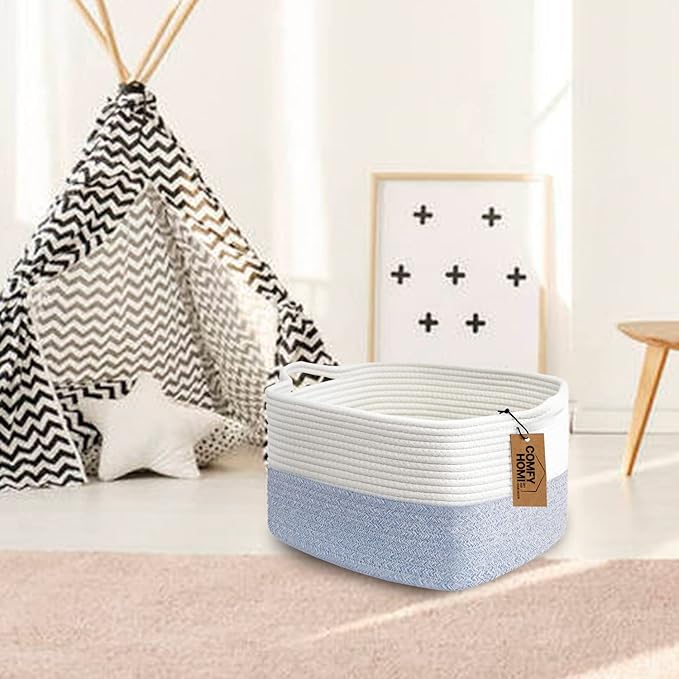 COMFY-HOMI Cotton Rope Woven Basket with Handles for shelf，Toy, Book, Cloth Storage Basket for Organizing-13.5"X11"X9.5" Storage Bin for Living Room, Newborn or Infant Gift for boy girl （White/blue）-CubbioJoy