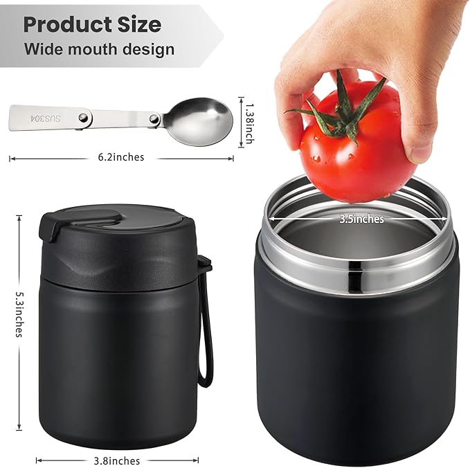 17oz Soup Thermo for Hot Food Kids,Insulated Food Jar with Spoon,Thermo Hot Food Lunch Container,Wide Mouth Leakproof Stainless Steel Lunch Box for School-Black-CubbioJoy