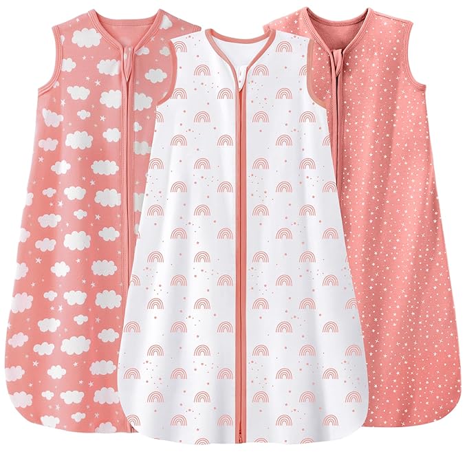 Baby Sleep Sack 0-6 Months 3 Pack 100% Cotton Lightweight 0.5 TOG Wearable Blanket Baby Sleep Bag with 2-Way Zipper for Newborn Infant Toddler Pink-CubbioJoy