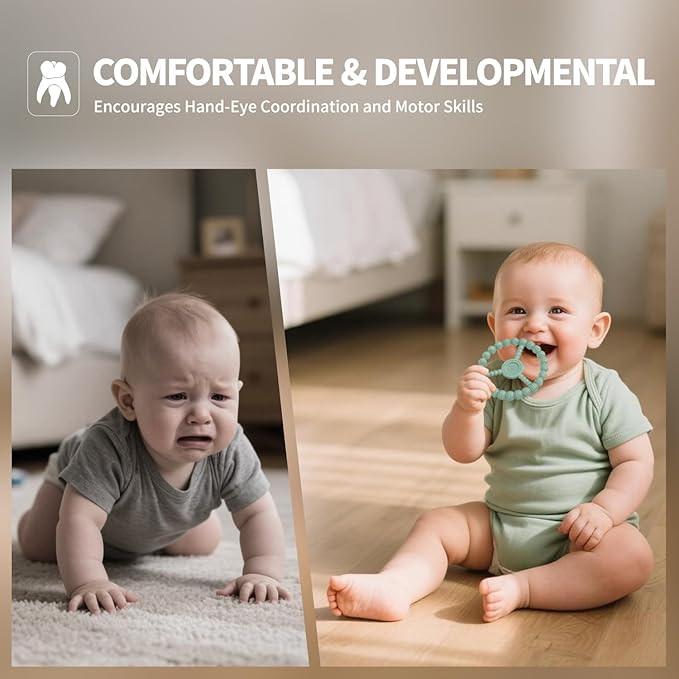 3 Pack Baby Teething Toys 3-6 Months, Silicone Ring Teethers for Babies 6-12 Months, Freezer Safe Chew Toy with Textured Grip for Boys Girls Teething Relief, Infant Easter Gift (Mint Green Blue)-CubbioJoy