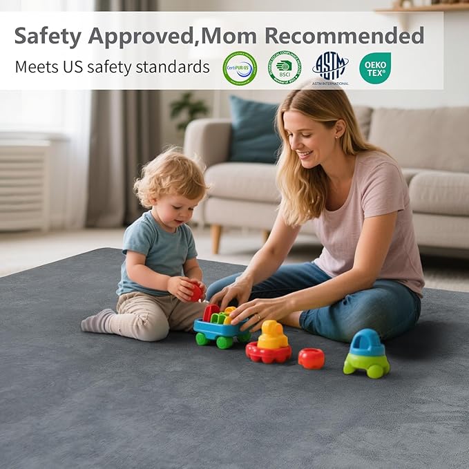 Baby Play Mat for Floor,1.3" Thick Elasti-Foam 50"×74" Playpen Mat for Tummy Time,Water Repellent Soft Coral Velvet for Toddler,Infant,Kids,Non-Slip Backing Safe for Crawling(Dark Grey)-CubbioJoy