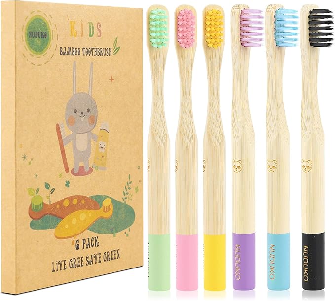 Bamboo Kids Toothbrushes (6 Pack) - Soft Bristle Organic Compostable BPA Free Toothbrush for Kids Toddler Baby Tooth Brush, Eco Friendly Natural Biodegradable Wooden Toothbrush - Round Handle-CubbioJoy
