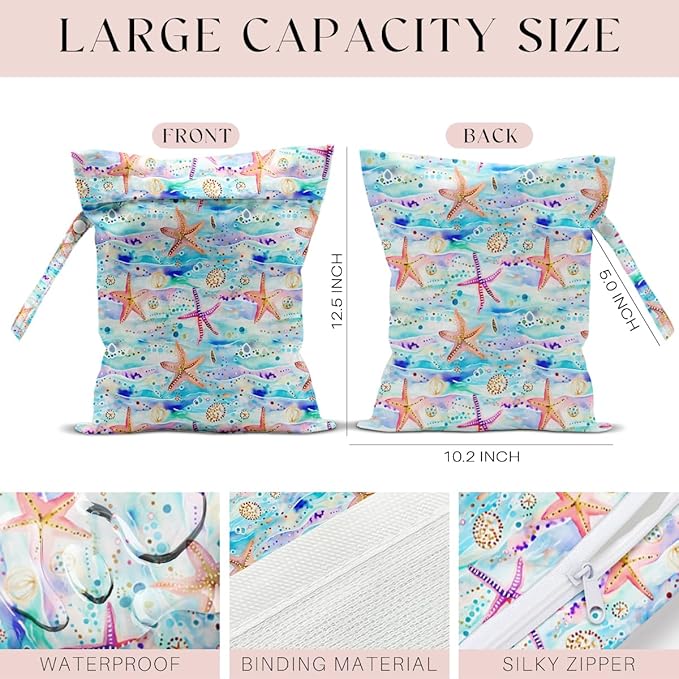 Wet Bag for Swimsuit, Beach Travel Essentials Wet Dry Bag, for Sunscreen Toiletry Dirty Clothes Yoga Gym Diaper, Friends Summer Beach Vacation Gifts. Starfish and jellyfish-CubbioJoy