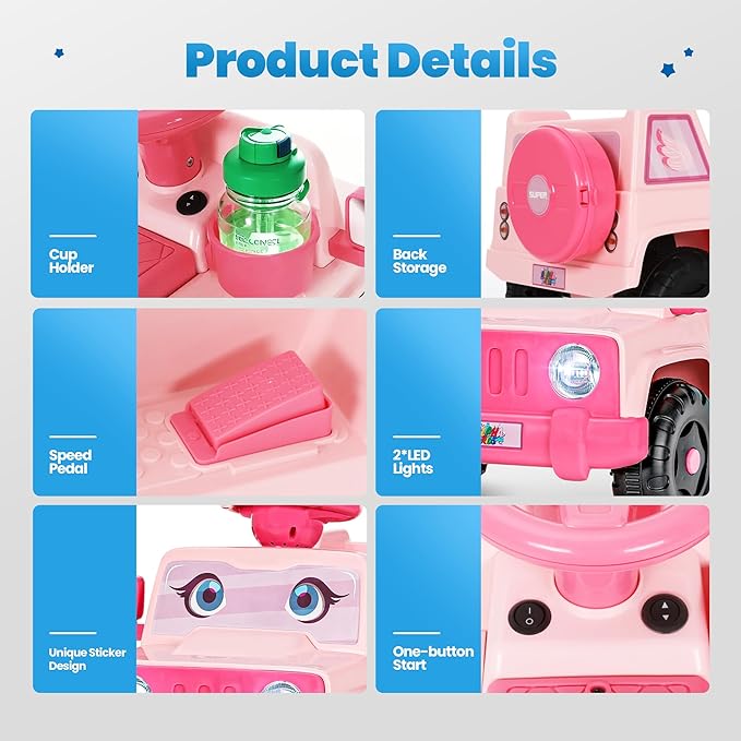 6V Toddler Ride-On Car with Horn LED Front Light Rear Storage and Eyes Theme – Fun & Safe Electric Car for Boys & Girls 18+ Months – Perfect for Little Explorers(Pink Eyes)-CubbioJoy