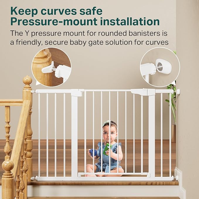 Cumbor 2 Pack 29.7"-48" Baby Gate for Stairs, Mom's Choice Awards Winner-Dog Gate for Doorways, Pressure Mounted Auto-Close Pet Gates for Dogs Indoor, Safety Child Gate with Easy Walk Thru Door,White-CubbioJoy