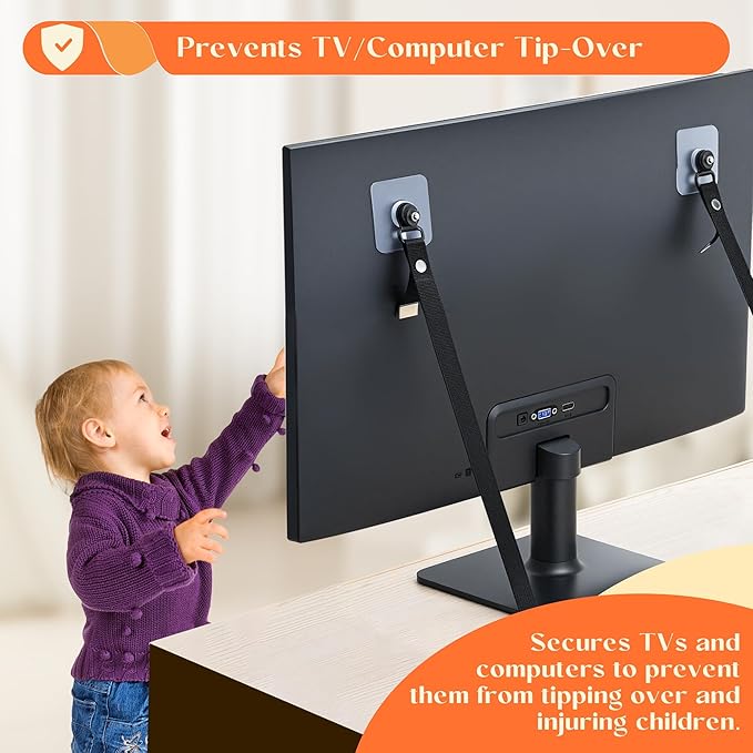 2 Pack TV Safety Straps Adjustable, Adhesive Anti-Tip Furniture Anchor for Flat Screen, TV and Furniture Safety Straps for Baby Proofing, Black-CubbioJoy