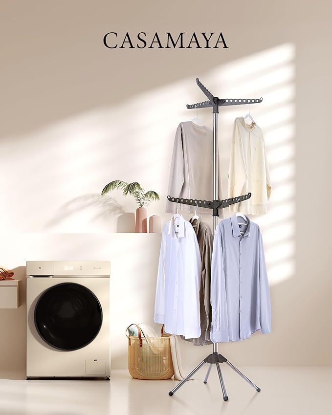 Clothes Drying Rack Foldable, 74.8 inch 2 Tier Laundry Drying Rack with Rotating Clothes Rail for 54 Pieces of Clothes, Space Saving, Indoor, Stainless Steel, Grey and Silver CDR002G01-CubbioJoy