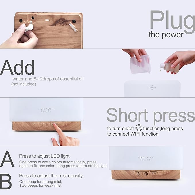 ASAKUKI Smart WiFi Essential Oil Aromatherapy Diffuser, Easy Connect with Alexa and Google Home Phone App Voice Control 700 ml Ultrasonic Diffuser, Create Schedules 7 LED Colors Humidifier-CubbioJoy