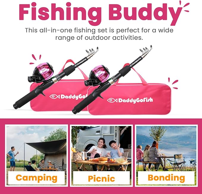 DaddyGoFish Kids Fishing Pole - Rod Reel Combo Tackle Box Starter Set - First Year Small Dock Gear Kit for Boys Girls Toddler Youth Age Beginner Little Children Junior Anglers Older Kids-CubbioJoy