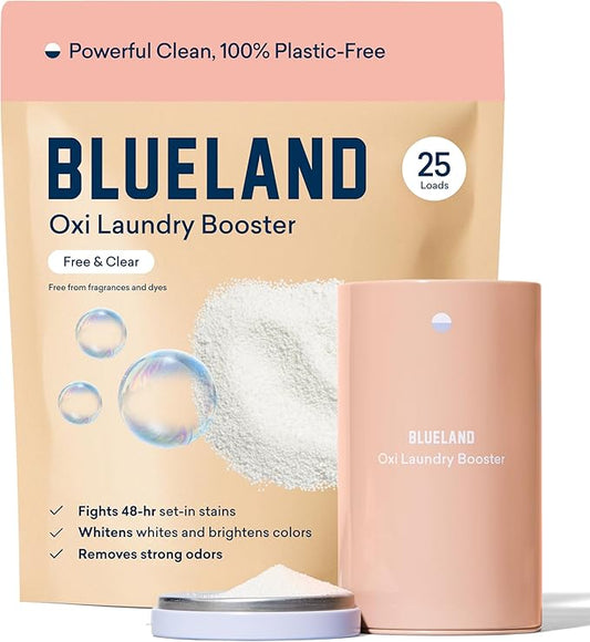 BLUELAND Oxi Laundry Booster Powder with Tin, Starter Set, Fragrance Free & Clear, 25 Loads, 17.6 oz, Plastic-Free, Eco Friendly, Oxy Cleaner, Stain Remover-CubbioJoy