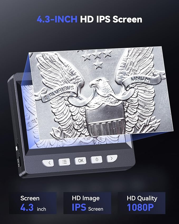 Digital Microscope, Coin Microscope with Light Adjustable Brightness 4.3" HD LCD Screen, 1000X Zoom PC View, Compatible with MacOS & Windows - Black-CubbioJoy