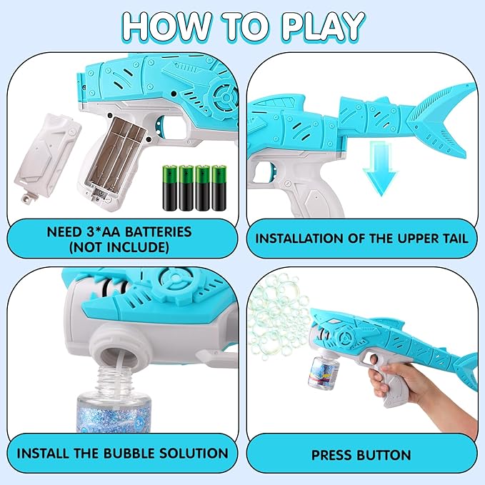 Automatic Bubble Machine Gun for Kids with 2 Bottles 5 Bags of Refill Solution Lights ElectricShark Bubble Gun Toys Outdoor Toys Gifts Wedding Easter Party Favor-CubbioJoy