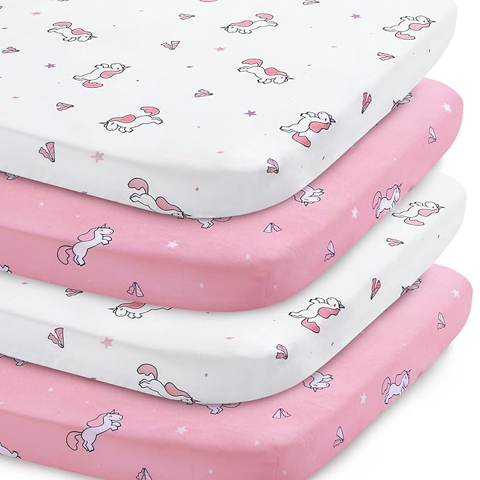 Bassinet Sheet 4 Pack for Baby Girls, Bassinet Sheets Universal Fit for Rectangle, Oval, Hourglass Bassinet Pad/Mattress, Stretchy Bassinet Sheets, Pink Print-CubbioJoy