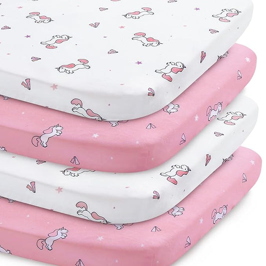 Bassinet Sheet 4 Pack for Baby Girls, Bassinet Sheets Universal Fit for Rectangle, Oval, Hourglass Bassinet Pad/Mattress, Stretchy Bassinet Sheets, Pink Print-CubbioJoy