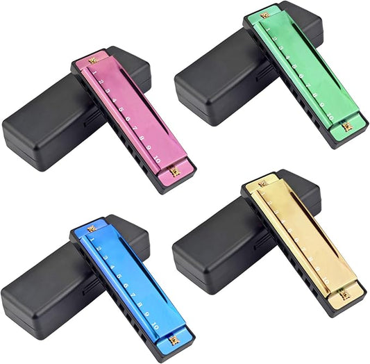 4PCS Key of C 10 Hole 10 Tones Titanium Color Harmonica with Case for Beginner Students Kids（Gold, Purple, Green, Blue）-CubbioJoy