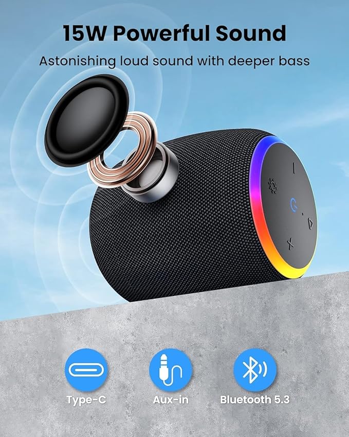 Bluetooth Speaker, Portable Wireless Bluetooth 5.3, 15W Clear Bass, IPX6 Waterproof, LED Lights, AUX/TF/USB, Dual TWS Pairing, 12H Playtime, Small Speakers for Home Outdoor Beach, Ideal Gift-CubbioJoy
