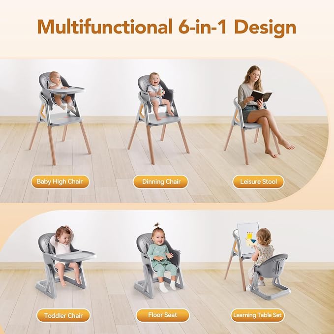 CoziBB Baby High Chair, 6 in 1 Convertible Growing Baby Highchairs for Babies and Toddlers, Baby Chair with Adjustable Dining Tray and Seat, 5-Point Safety Belt, Grey-CubbioJoy