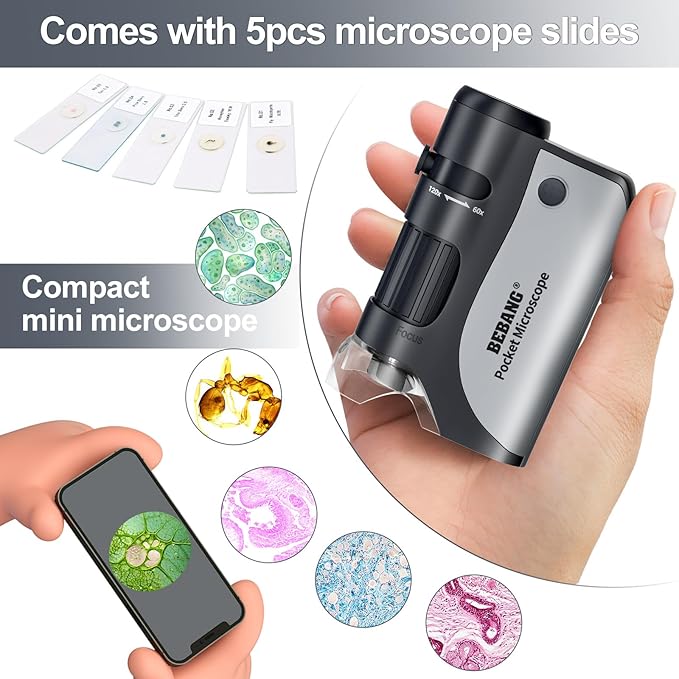 BEBANG Pocket Microscope,60X-120X Handheld Mini Microscope for Kids with LED Lighted Zoom, Portable Microscope Kits with 5 Pcs Slides for Adults Microbiological Observation Preschool Home Study Gifts-CubbioJoy