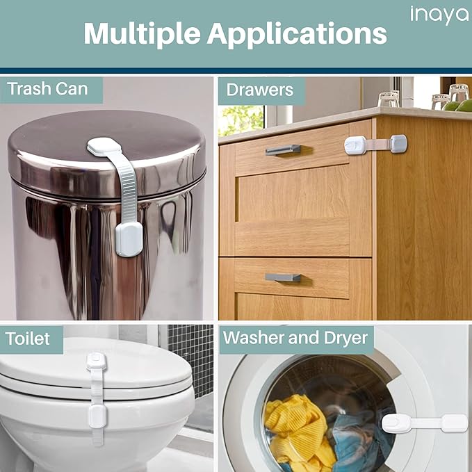 5-Pack Child Proof Cabinet Latches for Drawers, Cupboards, Fridge Toilet Seat, Dishwashers, Trash Can, Up to 37lb Pull Force - Adjustable Length, 3M Adhesive, No Drilling Child Safety Locks, White-CubbioJoy