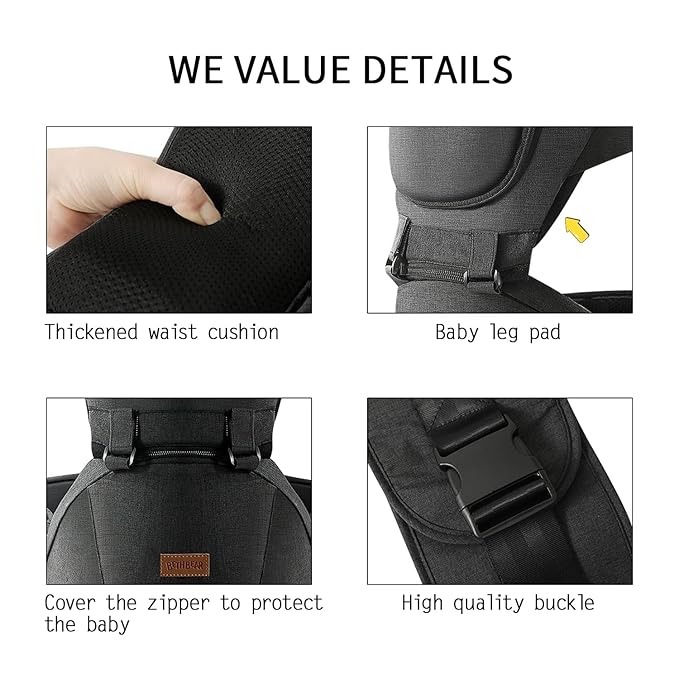 Baby Carrier with Hip Seat, Baby Carrier Newborn to Toddler, 6-in-1 Ways to Carry, All Seasons, Adjustable Baby Holder Carrier for Breastfeeding(Black)-CubbioJoy