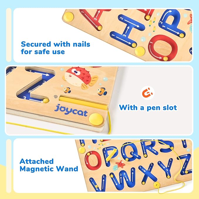 JoyCat Magnetic Letter Tracing Board, Wooden Alphabet Tracing Board for Toddlers ABC Magnets Letter Writing Practice, Magnetic Maze Preschool Learning Educational Toys for Kids 3-5-CubbioJoy