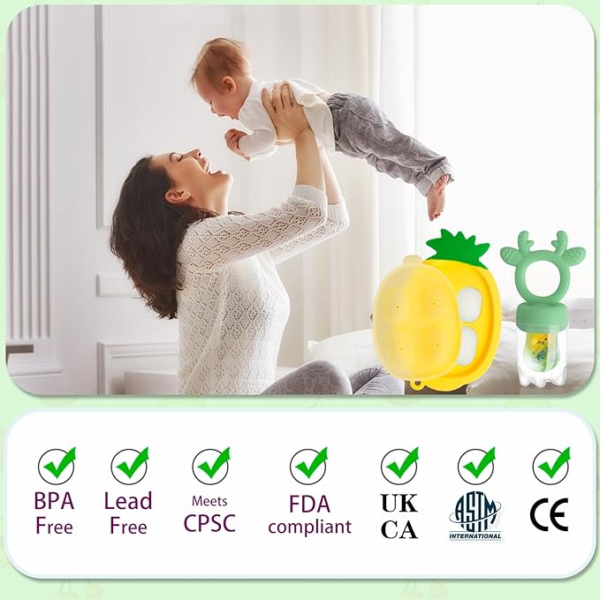 Baby Fruit Food Feeder - Silicone Nibble Tray Combo - Breastmilk Popsicle Mold for Cooling Relief, BPA Free Mesh Feeder for Infant Self Feeding (Deer Green + Pineapple)-CubbioJoy