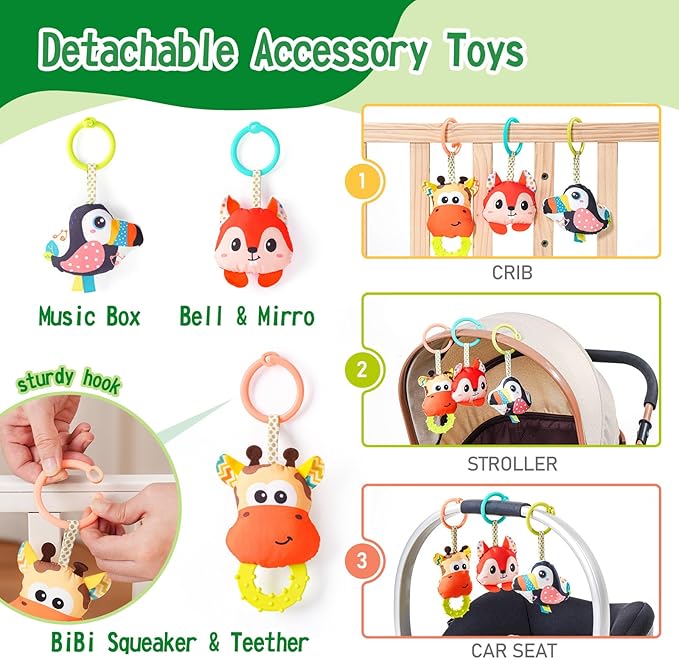 Jollybaby Crib Stroller Car Seat Toys for Baby 0-3-6-9-12 Months, Tummy Time Hanging Sensory Toys for Newborn with Music Box and Teether, Spiral Carseat Toy for Infant Boys Girls Gifts (Grey)-CubbioJoy