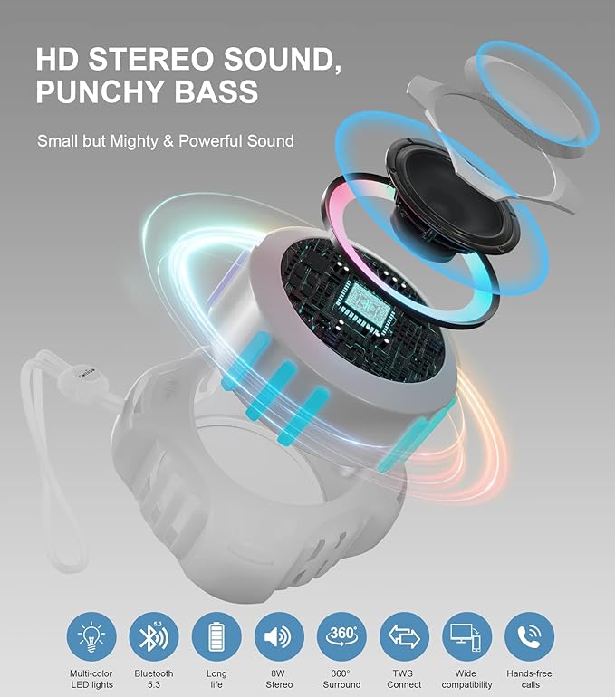 comiso Shower Bluetooth Speaker, Waterproof Bluetooth Speakers IPX7, Floating Portable Wireless Speaker with LED Light, Loud HD Sound and Bass for Travel Beach Shower, Ideal Gifts for Men and Women-CubbioJoy