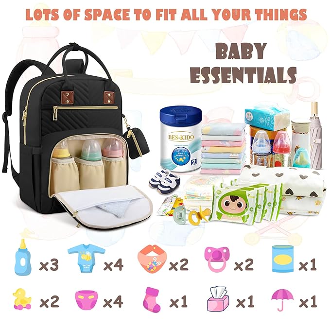 Baby Diaper Bag Backpack, Travel Diaper Bags for Baby Girl Boy Large Capacity Baby Bag Backpack for Women Black-CubbioJoy