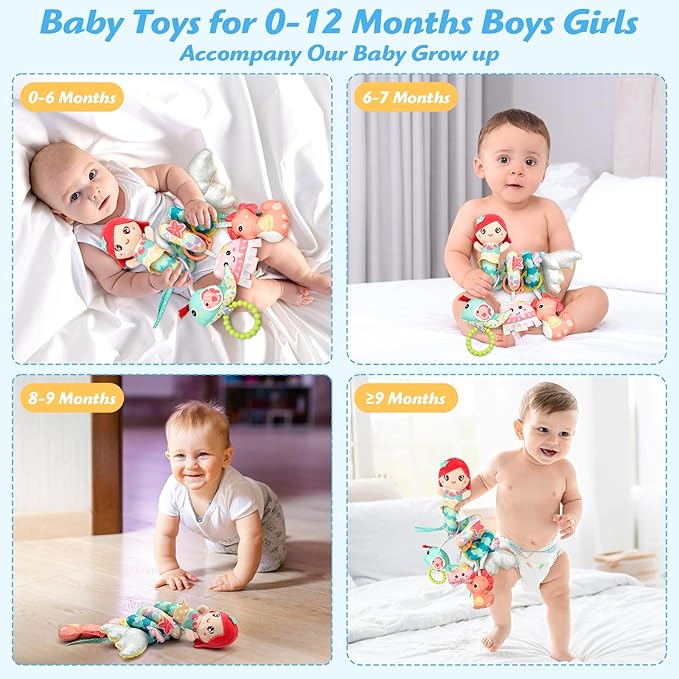 Carseat Toys Hanging Car Seat Toys for Babies 0-6 Months Boy Girl, Mermaid Stroller Toy Newborn Infant Sensory Baby Toy 0-6 Months with Music Rattle Teether, Gift for 0 3 6 9 12 Months-CubbioJoy