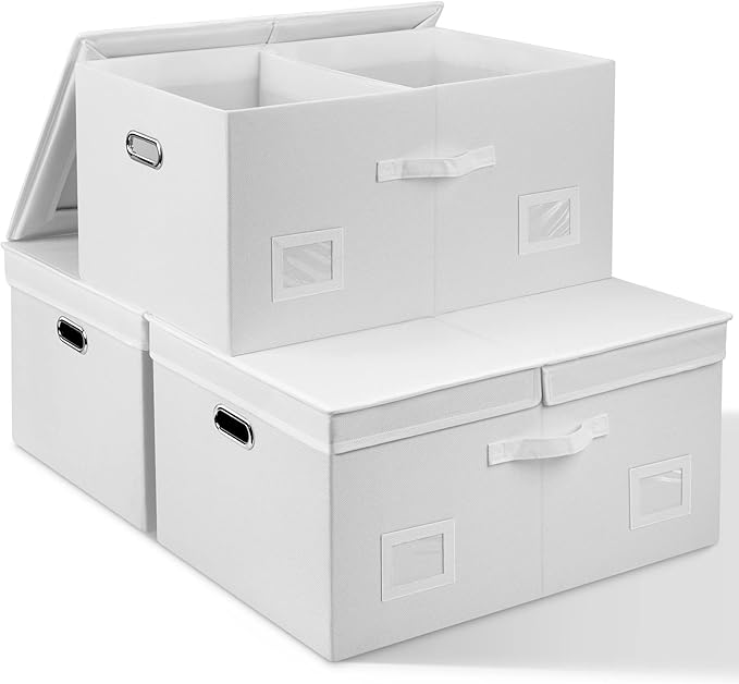 75 Quarts Extra Large Decorative Storage Bins with Lids, 3 Packs White Collapsible Storage Bins with Lids, Stackable Storage Bins Decorative Box Storage With Lid Extra Large-CubbioJoy
