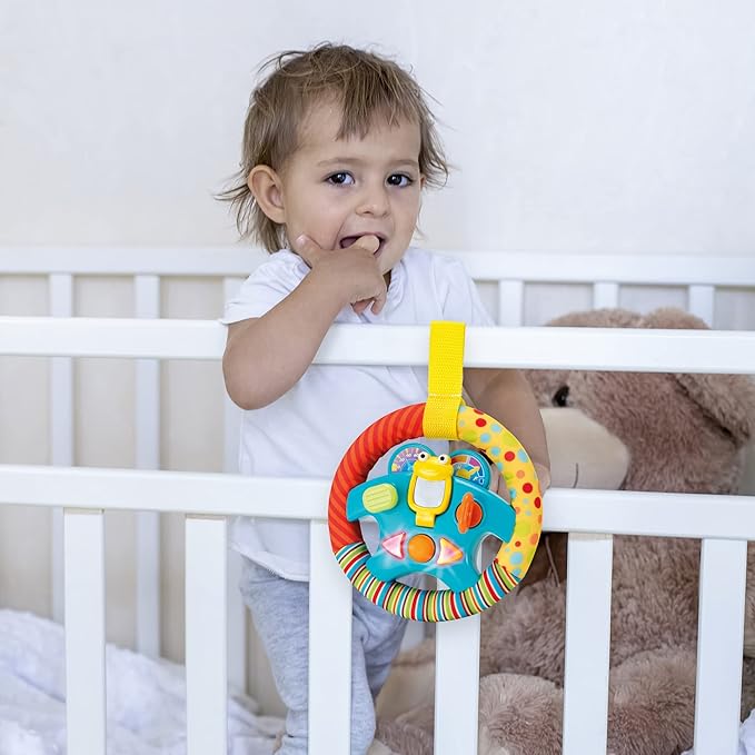 KiddoLab Steering Wheel Toy with Music,Lights,Sounds & Flip Up Mirror - Crib & Stroller Toys with Soft Fabric and Velcro Tap for Easy Attachment. Car Seat Toys for Babies and Toddlers. Ages 3 Months+-CubbioJoy